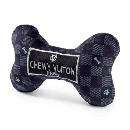 Black Checker Chewy Vuiton Bone Squeaker Dog Toy